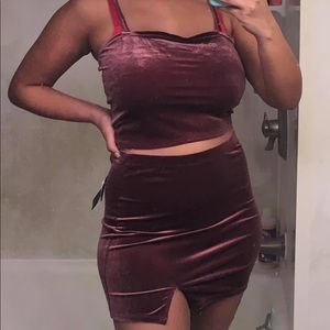Burgundy velvet crop top and skirt set